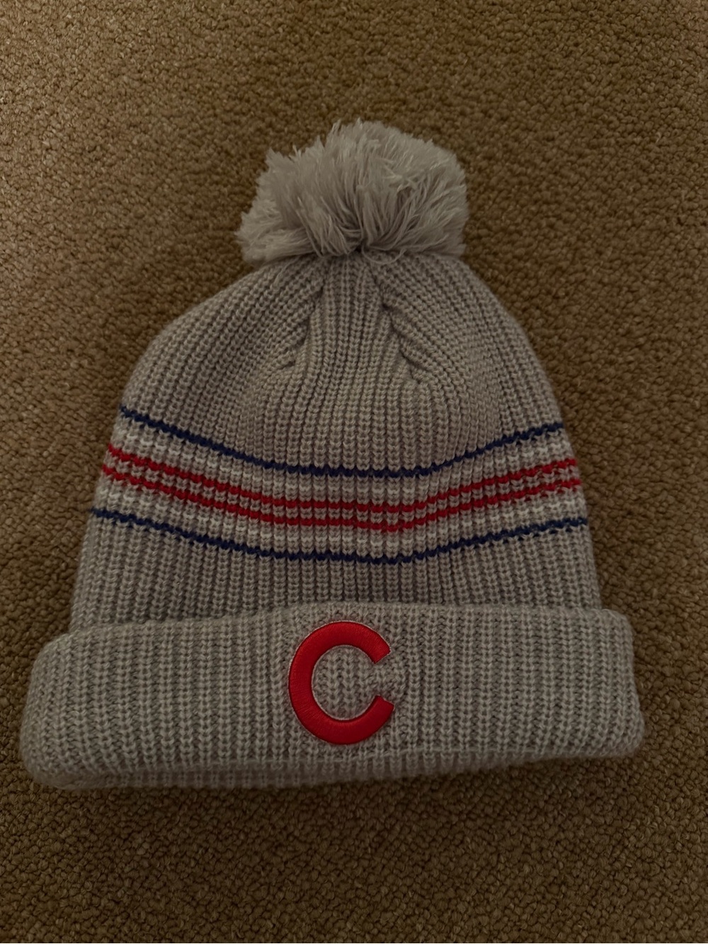 Cubs Grey Pom Beanie with Red 'C' Patch